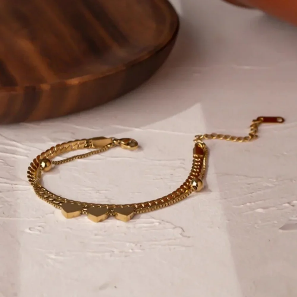 NEW 18K Gold Plated Triple Heart Double Layer Chain Bead Bracelet